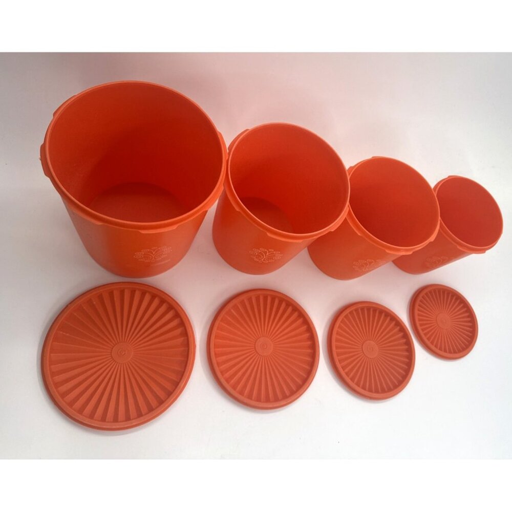 Vintage Tupperware Harvest Orange Servalier Canisters Set Of 4 w/ Sunburst Lids - Picture 2 of 13